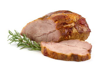 Roasted pork meat, Christmas baked spicy galzed meat, close-up, isolated on white background.