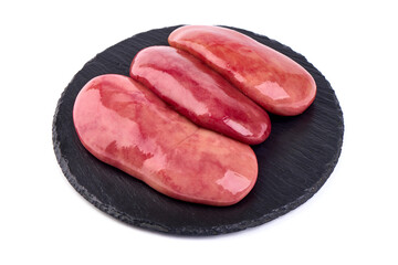 Raw pork kidneys, offals, isolated on white background. High resolution image.