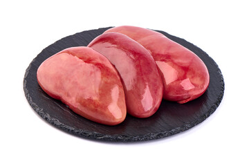 Raw pork kidneys, offals, isolated on white background. High resolution image.