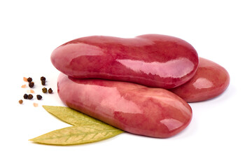 Raw pork kidneys, offals, isolated on white background. High resolution image.