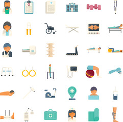 Physical therapist icons set flat vector.Woman disability. Handicapped assistance isolated