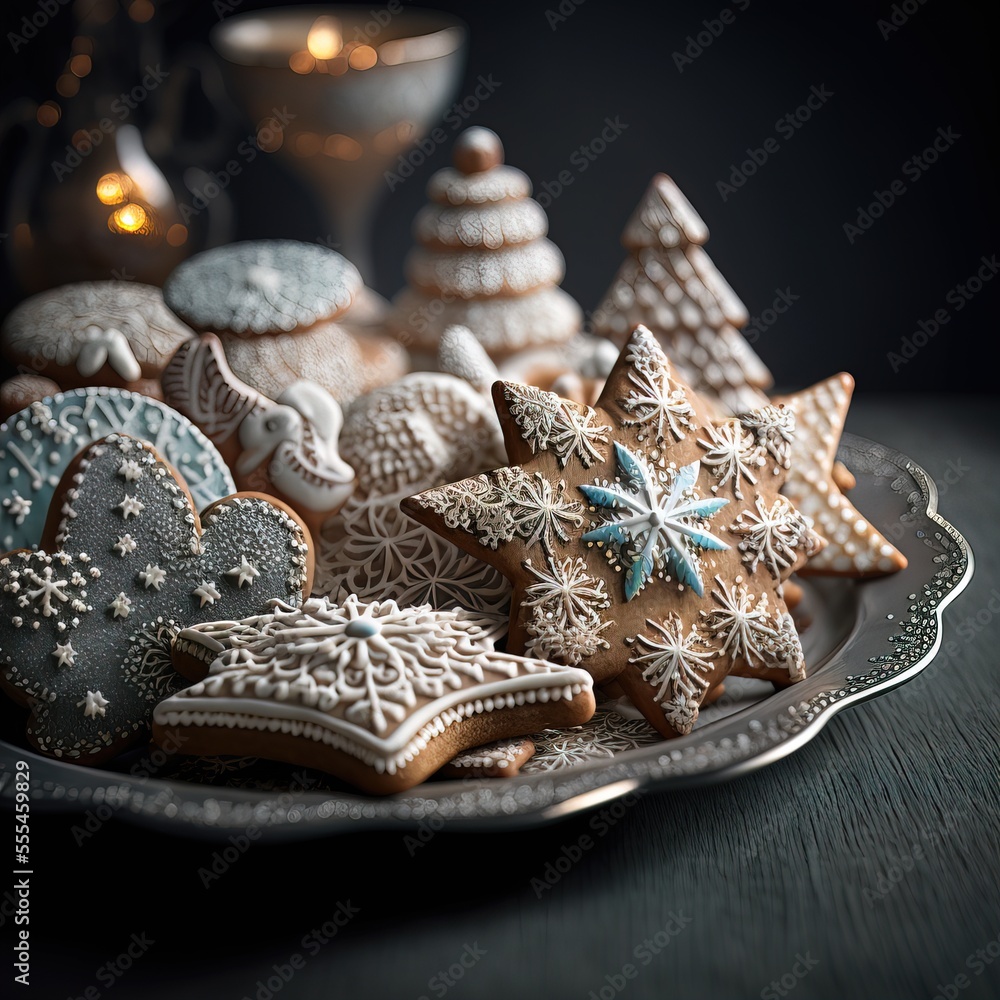 Poster a plate of decorated cookies on a table with a glass of wine in the background and a lit candle., ge