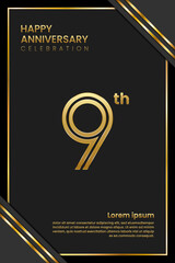 9th Anniversary. Anniversary Template Design With Golden Text. Double Line Design Concept. Vector Template Illustration