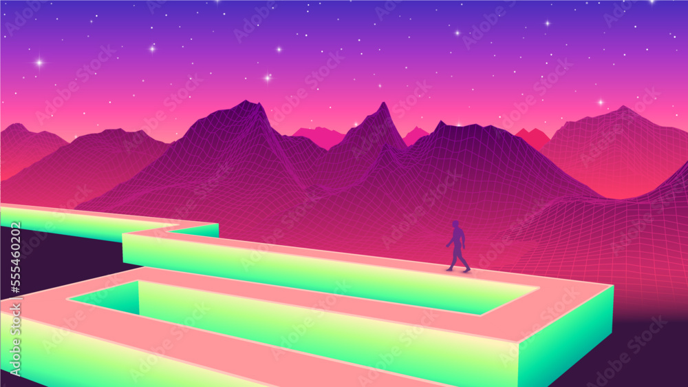 Poster shiny path concept with human figure walking in the synthwave landscape. 80s styled neon pathway sce