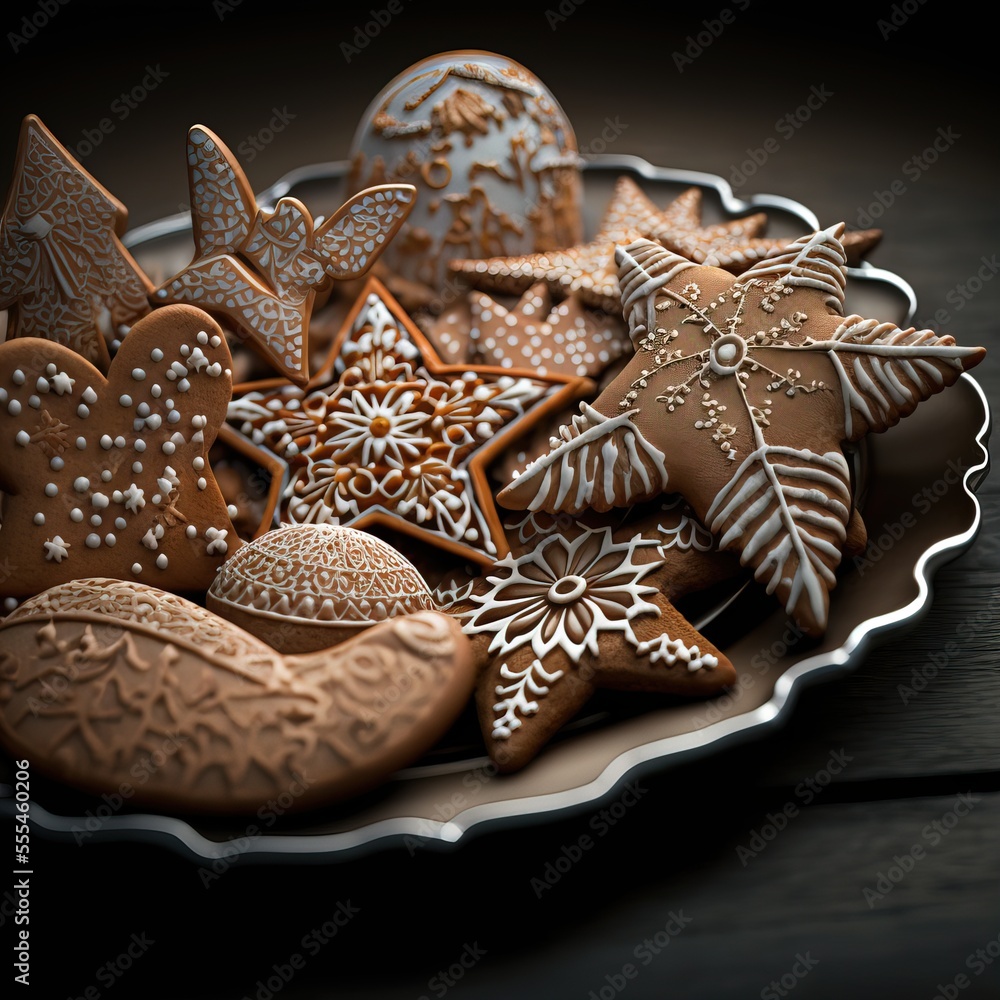 Poster a plate of decorated cookies on a table with a black background and a black background behind it., g