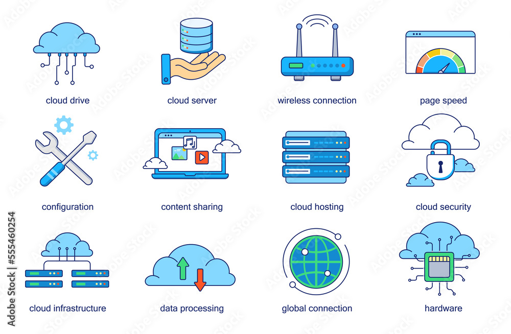 Poster cloud technology concept line icons set. pack outline pictograms of drive, server, wireless connecti