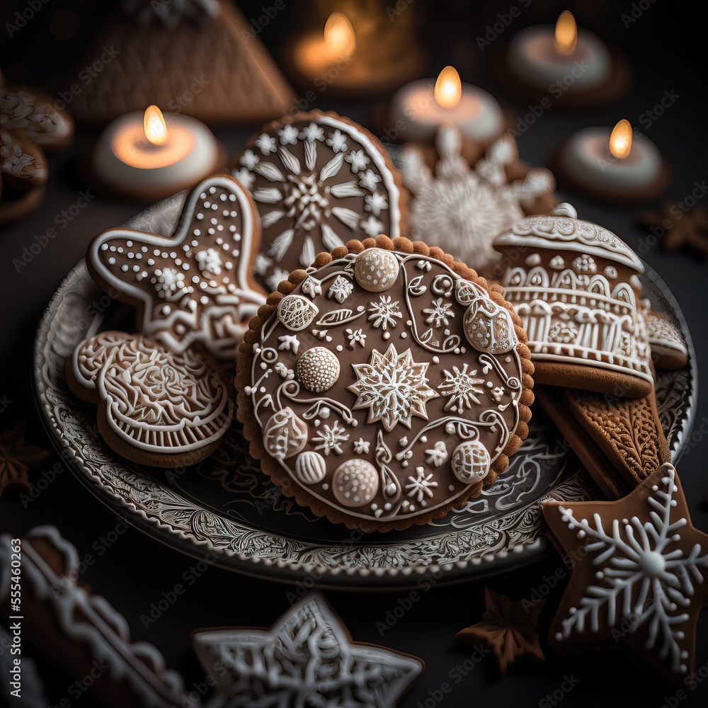 Poster a plate of cookies and candles on a table with a black background and a black table cloth with a pla