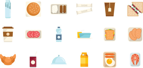Airline food icons set flat vector. Inflight meal. Air plane isolated