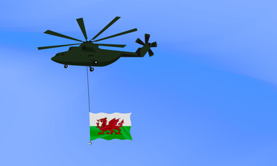 Fototapeta na wymiar Helicopter flies with the flag of Wales, the flag of Wales in the sky. National holiday. vector illustration eps10