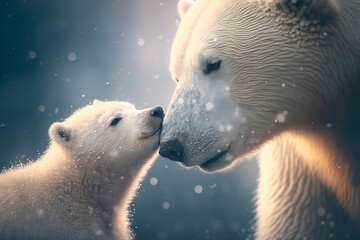 Polar bear and her cub happy and sniffing each other lovingly in a snowy winter scene at dusk, snowflakes falling, silver light, realistic digital illustration suitable for mother's day card - obrazy, fototapety, plakaty