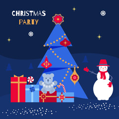 Vector illustration of christmas party invitation poster background in flat style.
