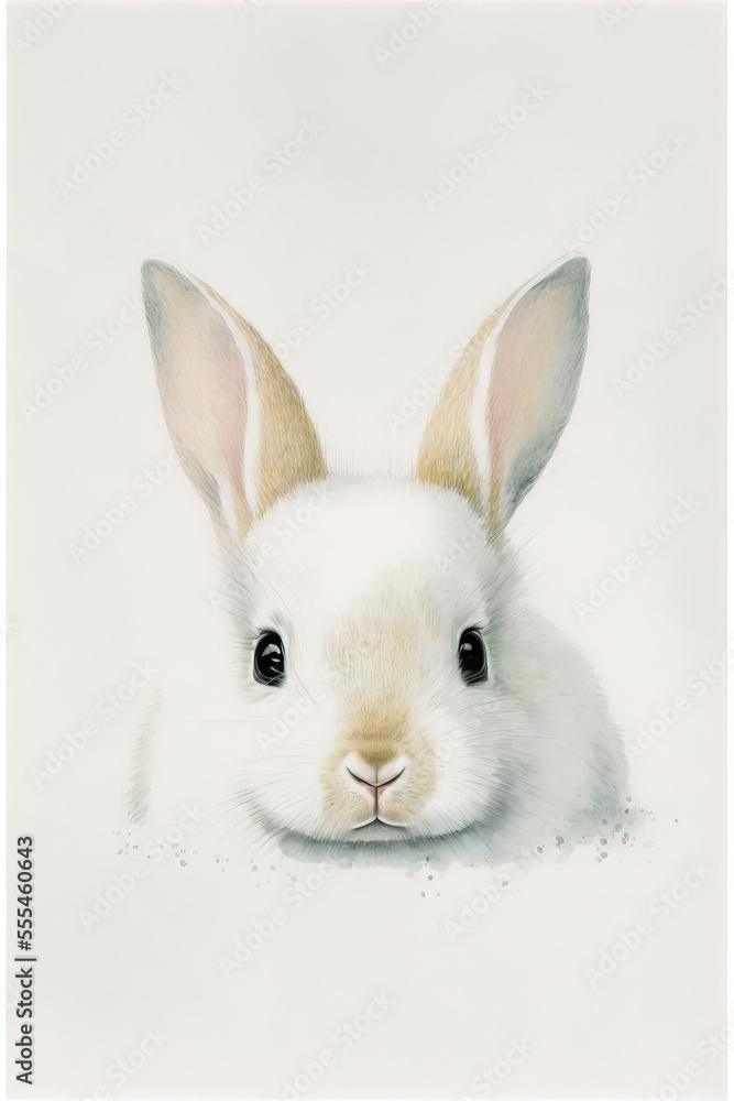 Poster a white rabbit with a brown nose and ears is shown in a white background with a light brown spot., g
