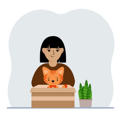 A girl is holding a cardboard box with a beautiful ginger cat. The concept of rescue, help and care for pets.