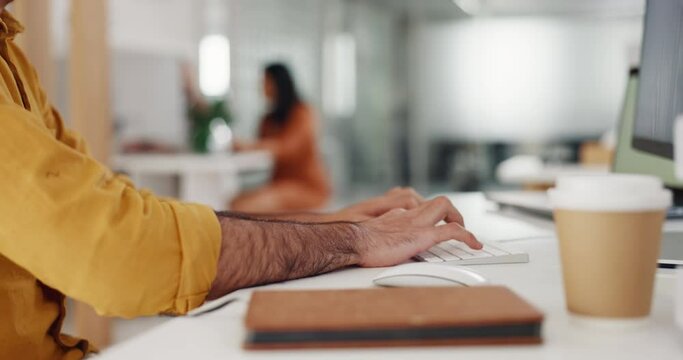 Research, computer or hands typing a digital marketing, email or seo content for an advertising agency at office desk. Journalist, editor or copywriter copywriting a sales article on website or blog