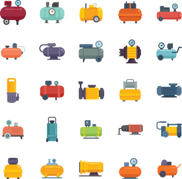 Compressor icons set flat vector. Air car. Auto tank isolated
