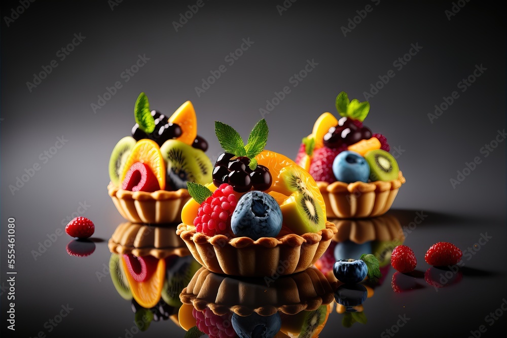 Aufkleber a group of fruit in a bowl on a reflective surface with a reflection of the bowl on the floor., gene