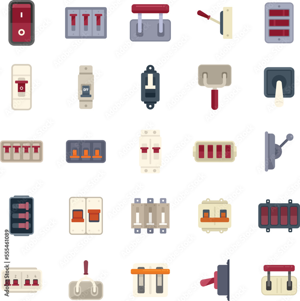 Poster breaker switch icons set flat vector. cable chopper. circuit switch isolated