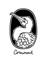 Vector card with hand drawn graceful Great Cormorant in austere ellipse frame. Beautiful wild animal illustration, ink drawing, graphic style. Logo template
