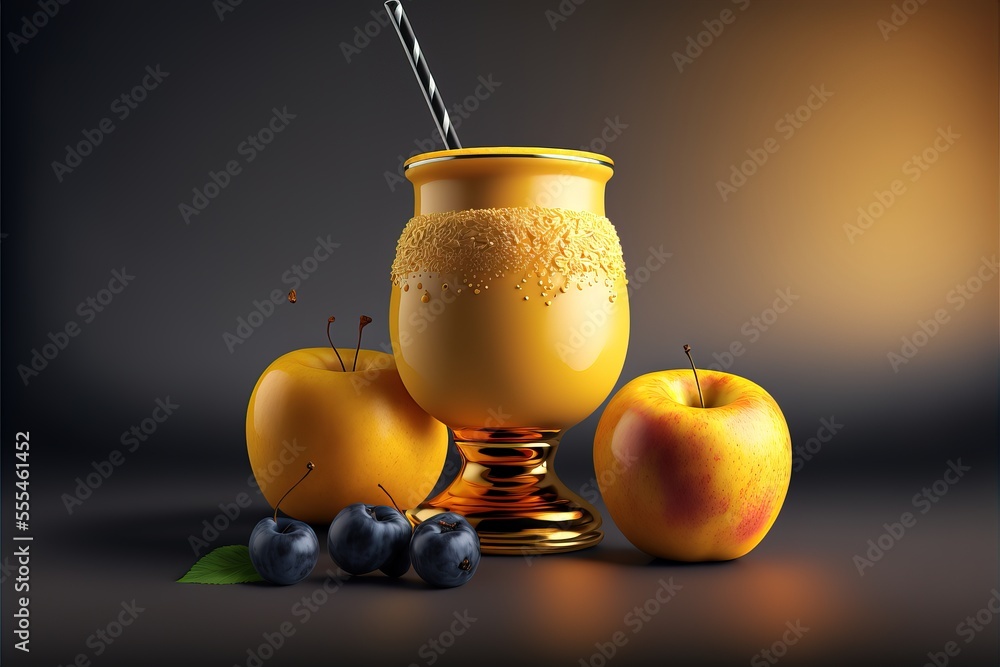 Poster a yellow vase with a straw and some fruit on a table with a black background and a yellow apple., ge