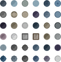 Manhole icons set flat vector. Canalization cap. Asphalt cover isolated