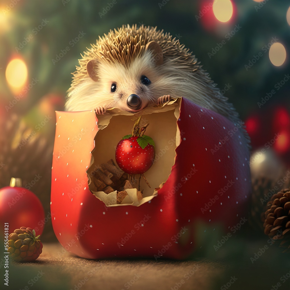 Poster a hedgehog is sitting inside a bag with a strawberry inside of it and a pine cone on the side., gene