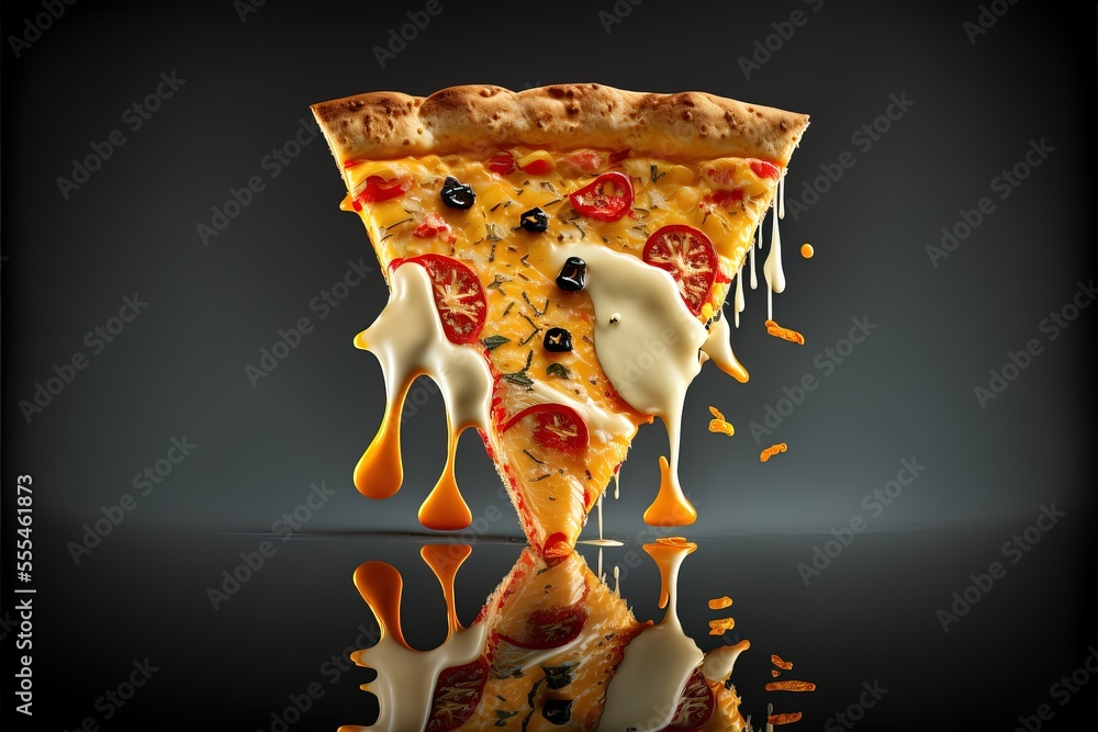 Poster a slice of pizza with cheese and toppings on a black background with a reflection of the pizza on th