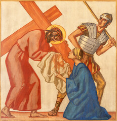 ZURICH, SWITZERLAND - JULY 1, 2022: The fresco Veronica wipes the face of Jesus as part of Cross way  of church St. Anton by Fritz Kunz (1921).