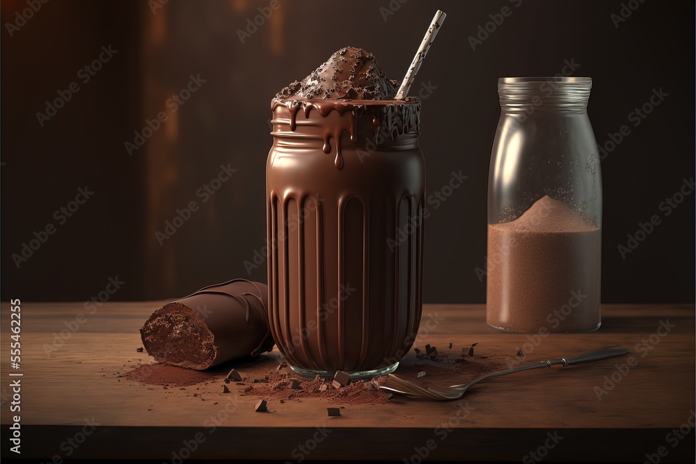 Poster a chocolate shake with a spoon and a bottle of milk on a table with a spoon and a spoon., generative