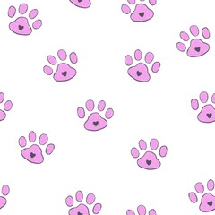 Fototapeta na wymiar Cats pink paws with hearts pastel and pencil pattern