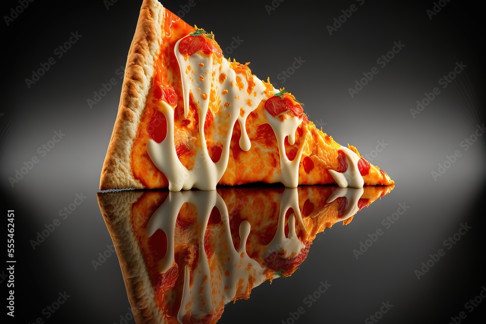 Poster a slice of pizza with cheese and sauce on it sitting on a reflective surface with a black background