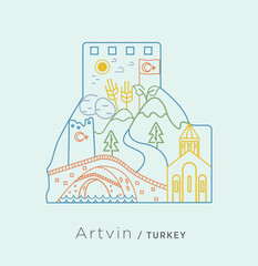 Icon series specific to Turkey - College in Artvin castle. A collage on double bridge, church, castle, wheat, castle, mountain, potato, stream, and similar lines unique to Artvin.