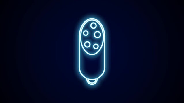 Glowing neon line Salami sausage icon isolated on black background. Meat delicatessen product. 4K Video motion graphic animation