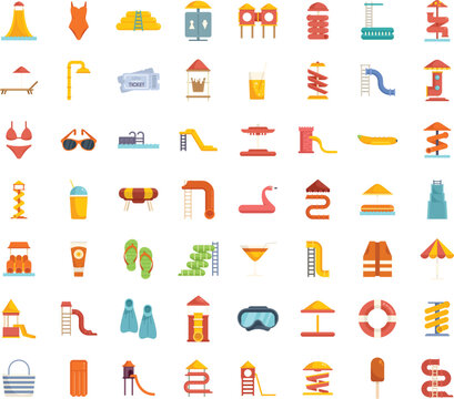 Water park icons set flat vector. Slide pool. Swim waterpark isolated