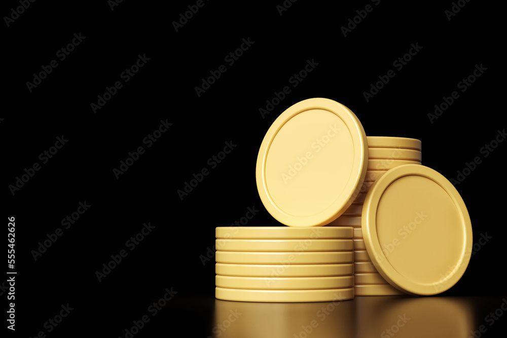 Poster coin stacks and empty coins in matte gold color. illustration suitable for cryptocurrency concept de