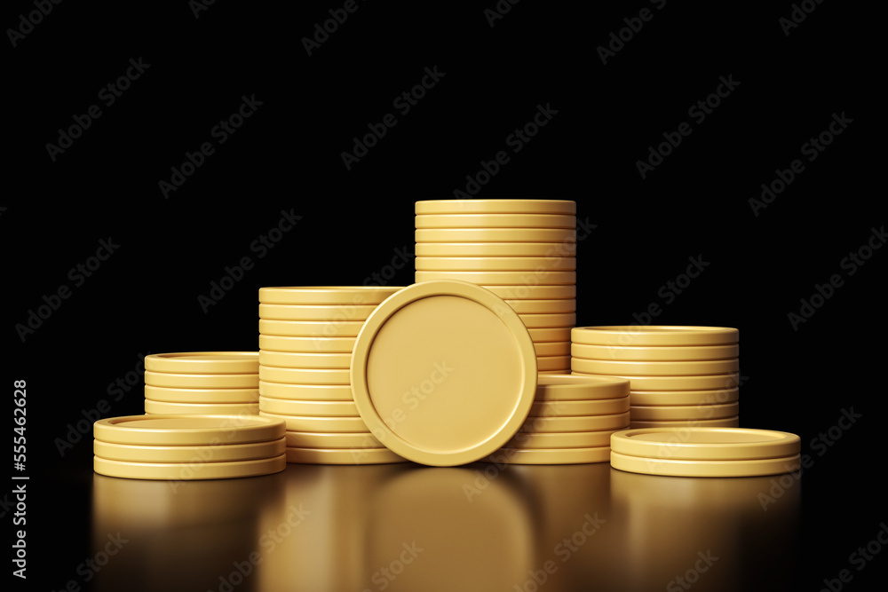 Poster template of stacked tokens in gold color. illustration suitable for crypto exchanges and banking con