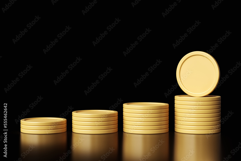 Poster token stacks in matte gold color sorted from smallest to largest. illustration suitable for cryptocu
