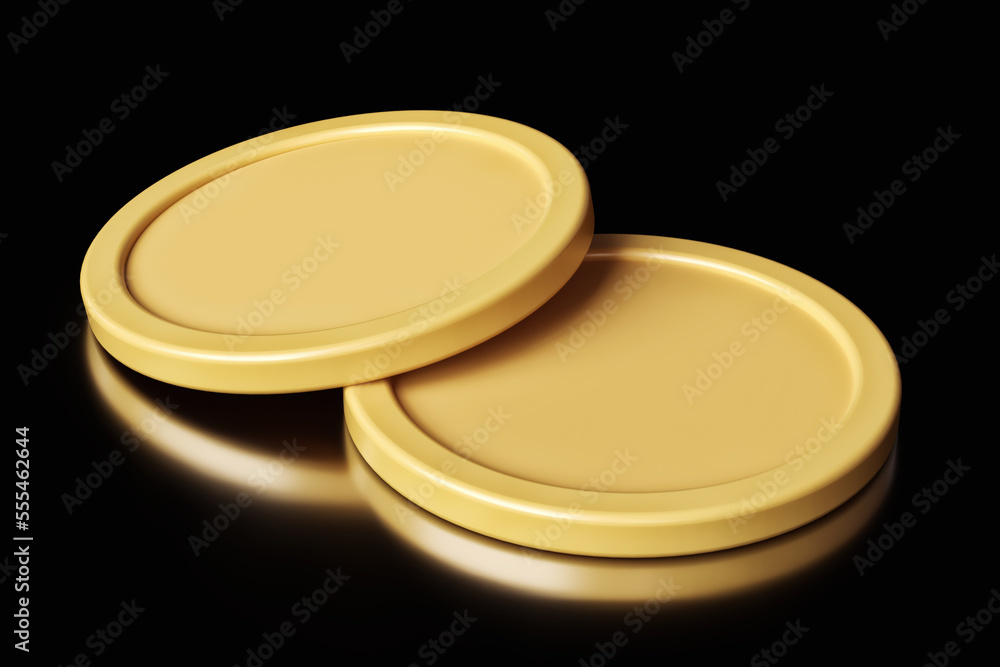 Poster two matte golden empty coins lying on a black surface. illustration suitable for cryptocurrency and 