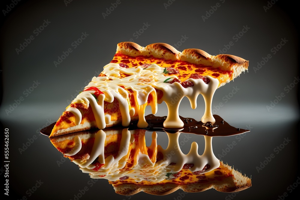 Poster a slice of pizza with cheese and sauce on a reflective surface with a knife in the foreground of the