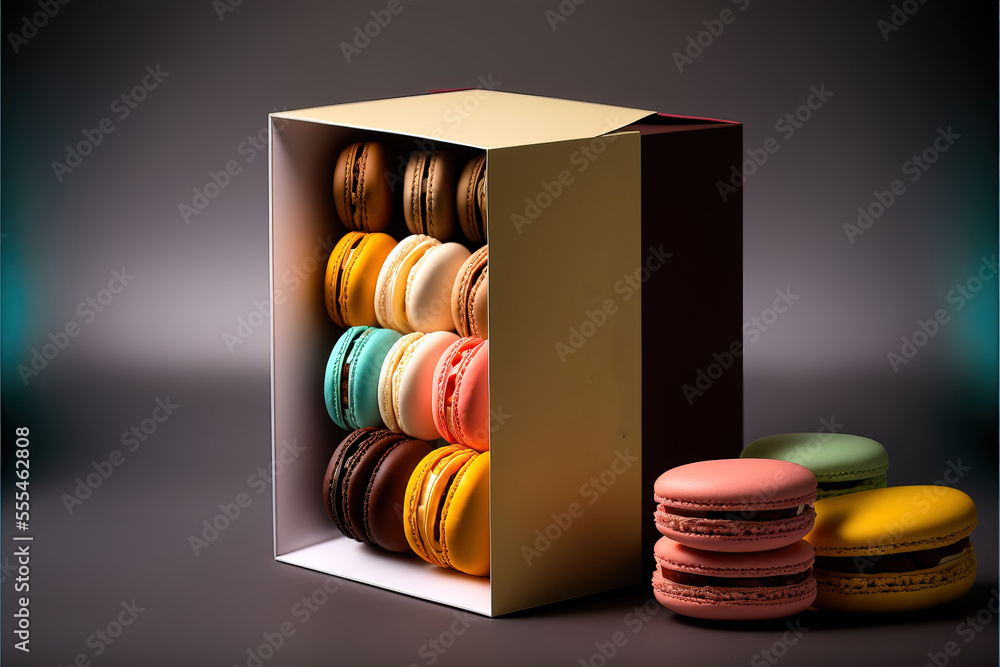 Poster a box of macaroons with a variety of colors in it and a stack of macaroons., generative ai