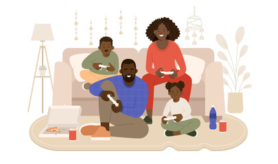 Flat vector illustration of African American family playing video games. Mother, father, son and daughter sitting and holding controllers. Family indoors entertainment concept.