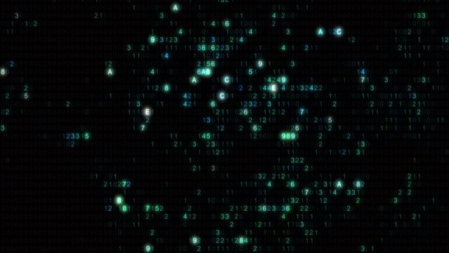 Digital technology and binary digital data computer background. Science, cyber security, random numbers code for screen plates, communication and business. Seamless abstract algorithm animation loop.