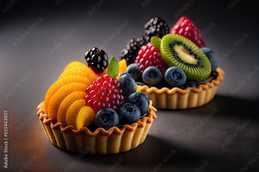 Aufkleber a couple of small cups filled with fruit on top of a table next to each other on a table., generativ