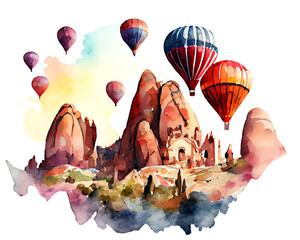 Watercolor colorful hot air balloons at Cappadocia. AI generated - obrazy, fototapety, plakaty