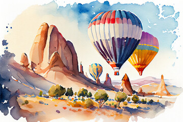 Watercolor colorful hot air balloons at Cappadocia. AI generated - 555463830