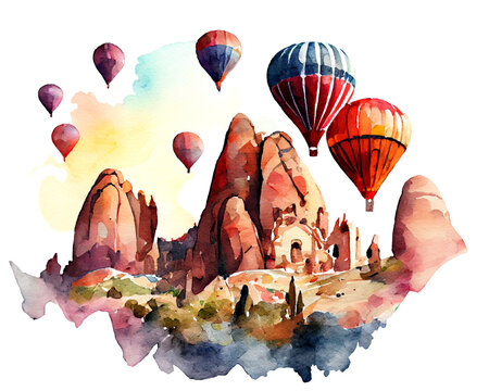 Watercolor colorful hot air balloons at Cappadocia. AI generated