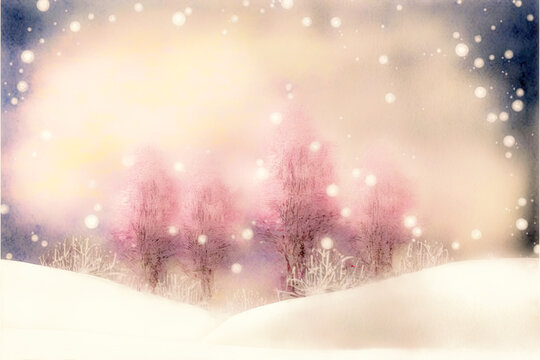 Winter Fantasy Rose Gold Delicate Background with Trees