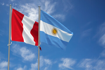 Republic of Peru and Argentina Flags Over Blue Sky Background. 3D Illustration