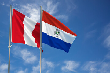 Republic of Peru and Republic of Paraguay Flags Over Blue Sky Background. 3D Illustration