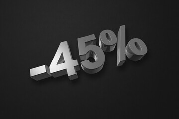 45% off discount offer. 3D illustration isolated on black. Promotional price rate
