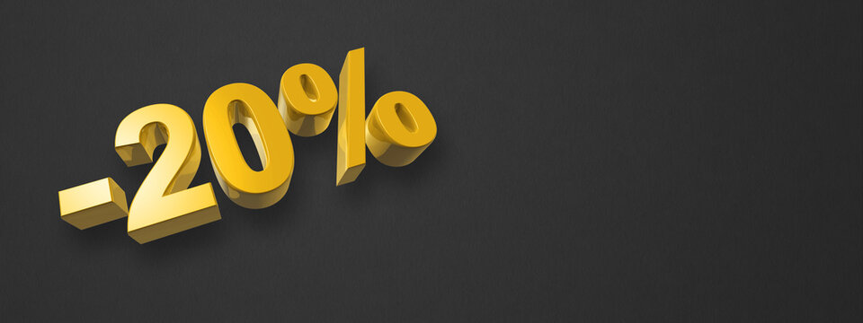 20% off discount offer. 3D illustration isolated on black. Horizontal banner